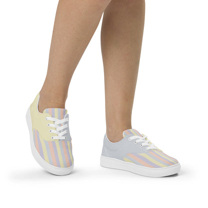 Just Color women's lace-up canvas shoes with pastel colorblock all-over print — Lemon Icing, Nimbus Cloud, Peach Dust, and Orchid Tint