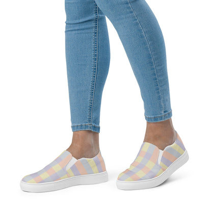 Just Color women's slip-on canvas shoes with pastel colorblock all-over print — Lemon Icing, Nimbus Cloud, Peach Dust, and Orchid Tint