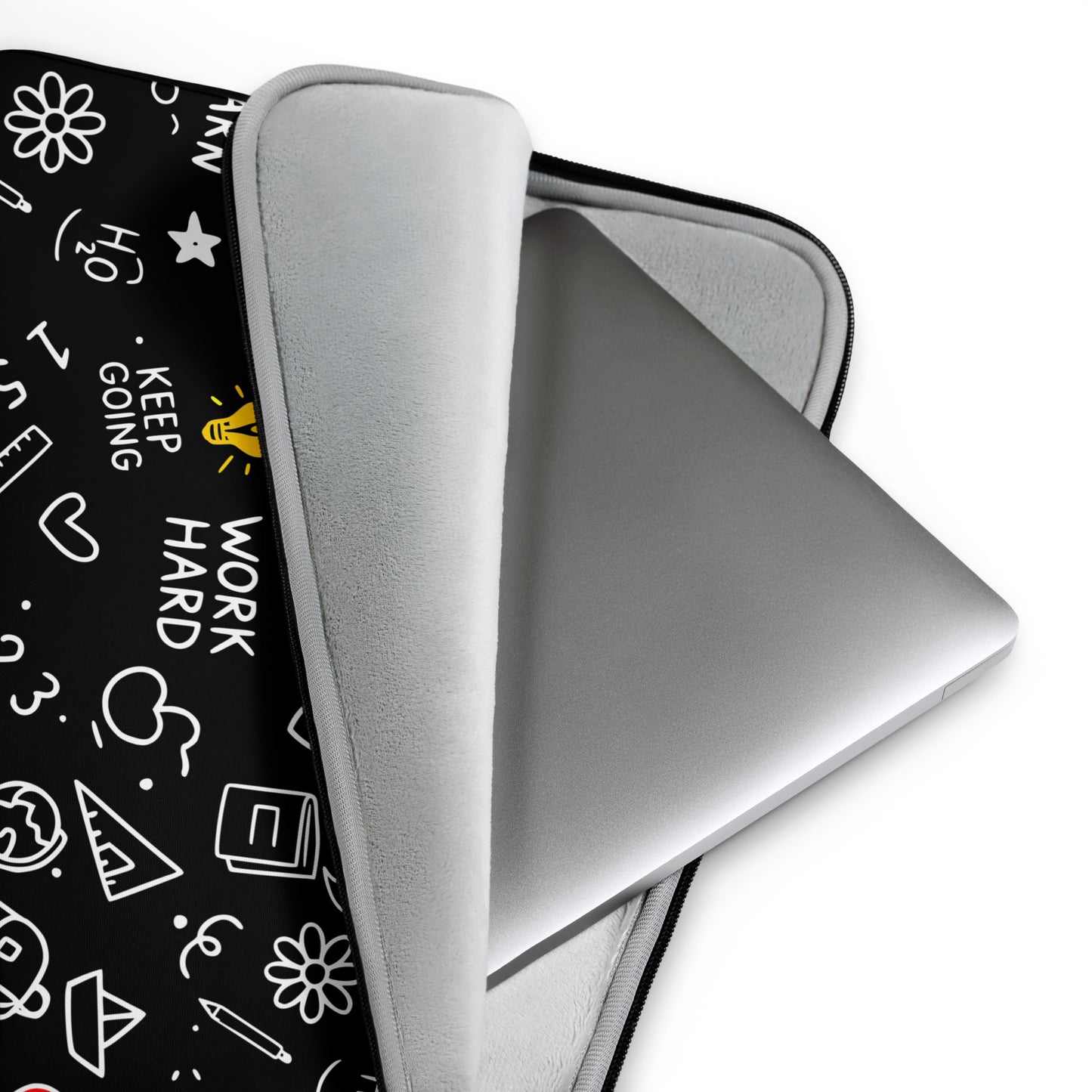 School doodle laptop sleeve open showing faux fur interior lining — available in 13 and 15 inch sizes