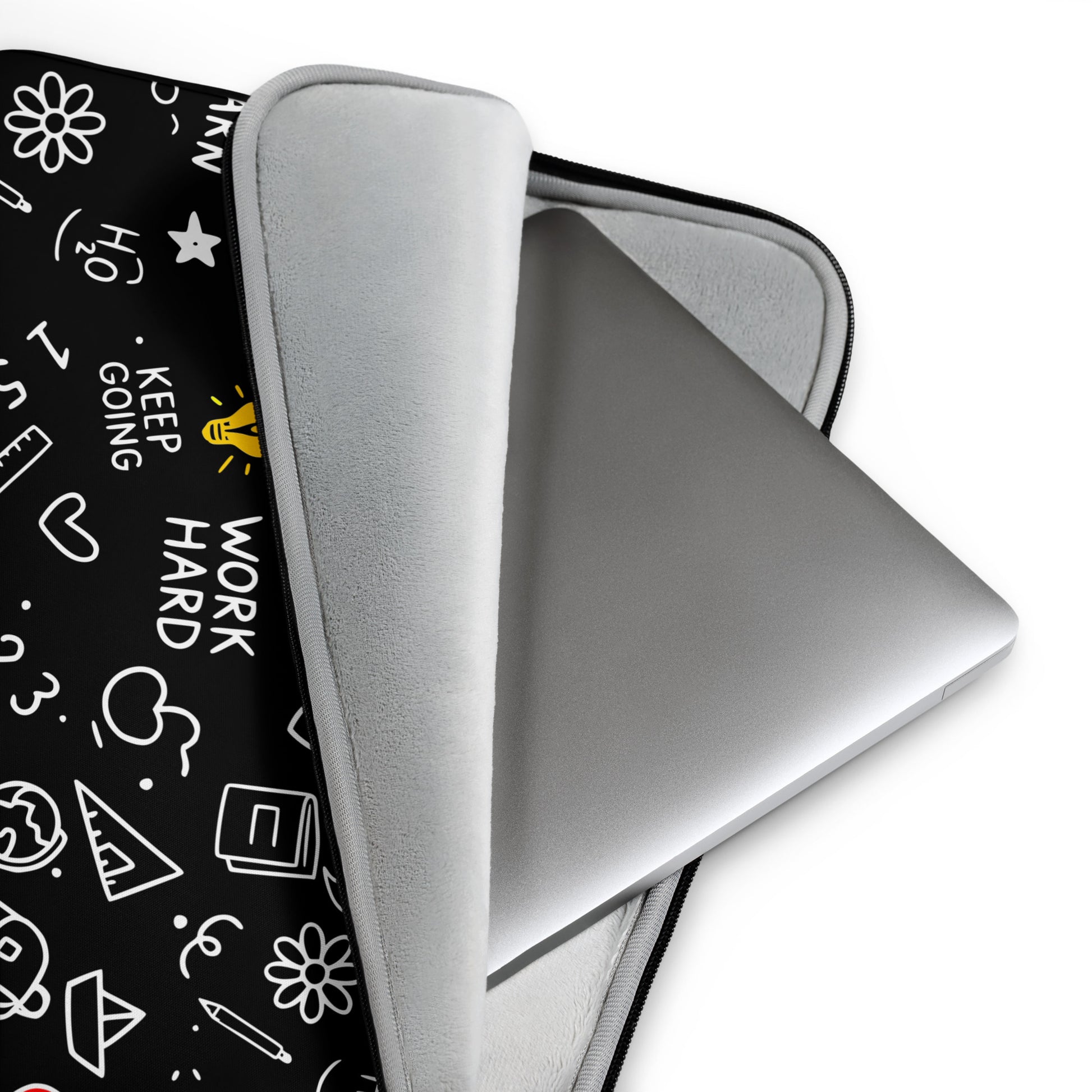 School doodle laptop sleeve open showing faux fur interior lining — available in 13 and 15 inch sizes