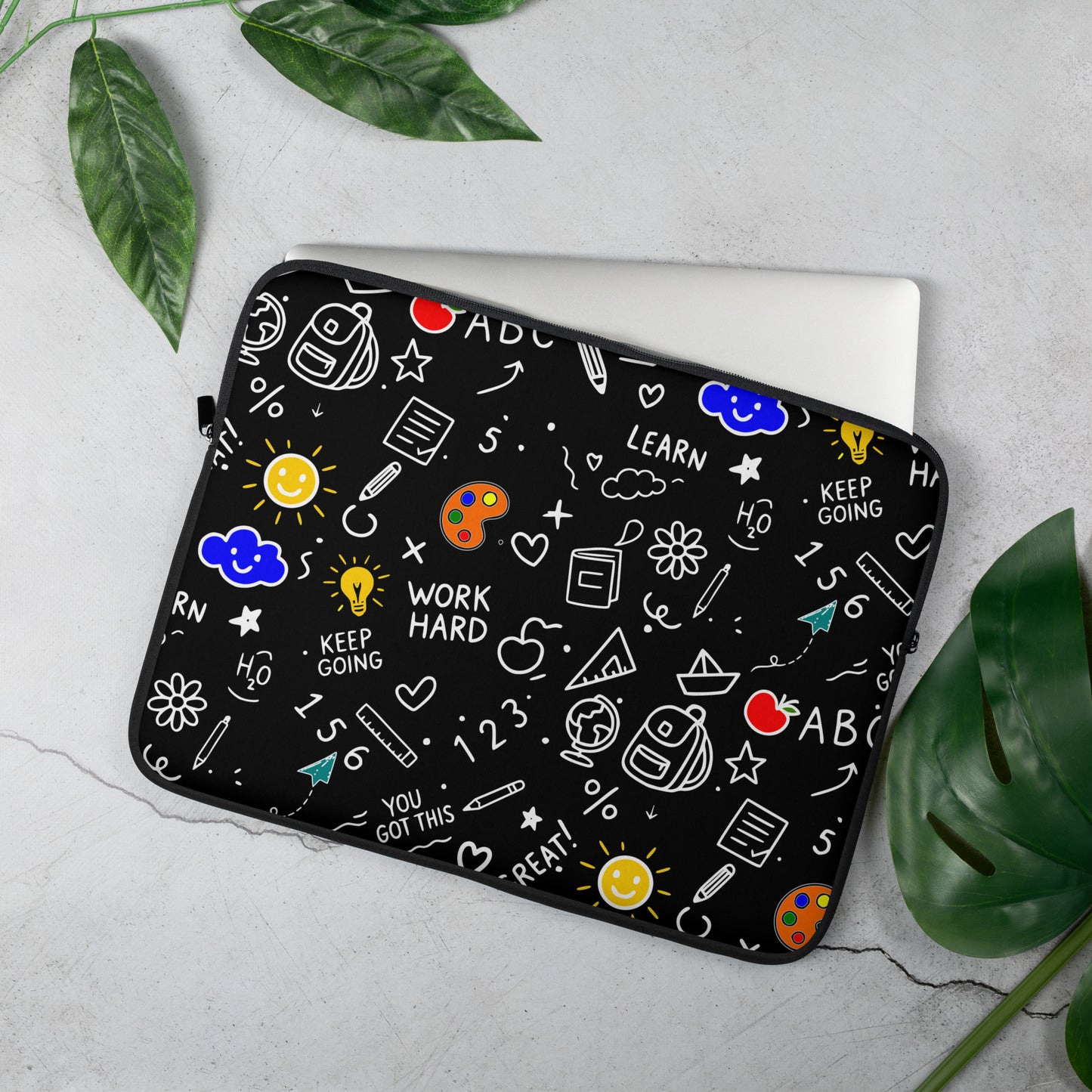 Cute illustrated neoprene laptop sleeve with school doodle art — back to school gift for students and teachers