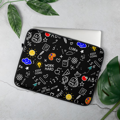 Cute illustrated neoprene laptop sleeve with school doodle art — back to school gift for students and teachers