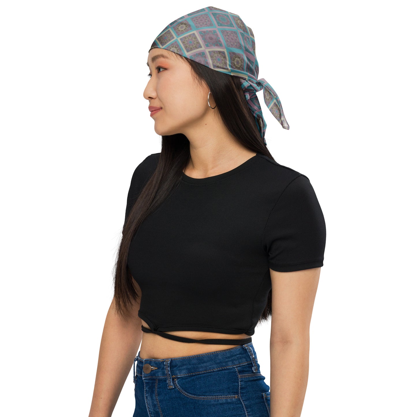 All-over print bandana with turquoise and mauve mandala tile pattern — laid flat, full design visible