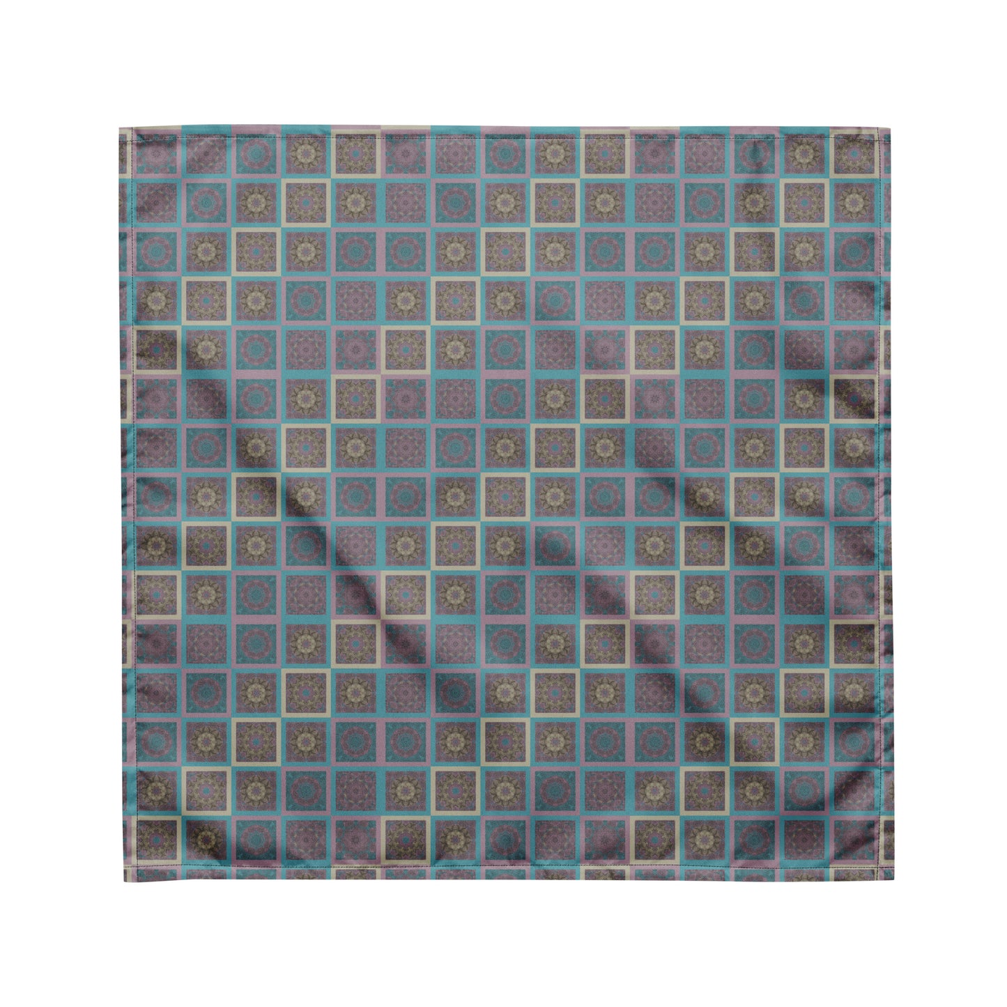 Mandala tiles bandana worn as headband — sacred geometry print in turquoise and mauve