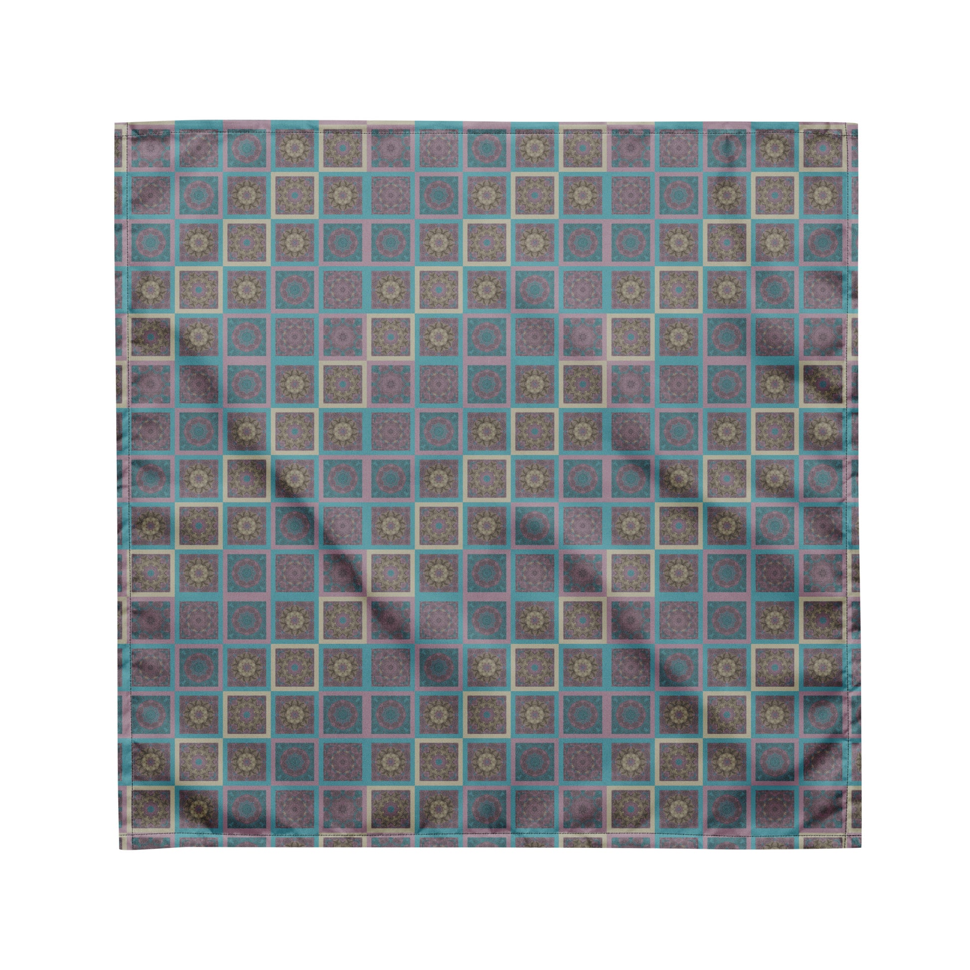 Mandala tiles bandana worn as headband — sacred geometry print in turquoise and mauve