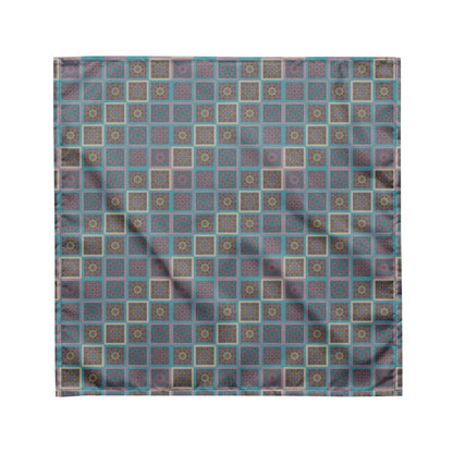 Mandala tiles bandana worn as headband — sacred geometry print in turquoise and mauve
