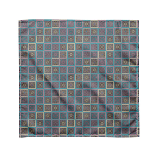 Mandala tiles bandana worn as headband — sacred geometry print in turquoise and mauve
