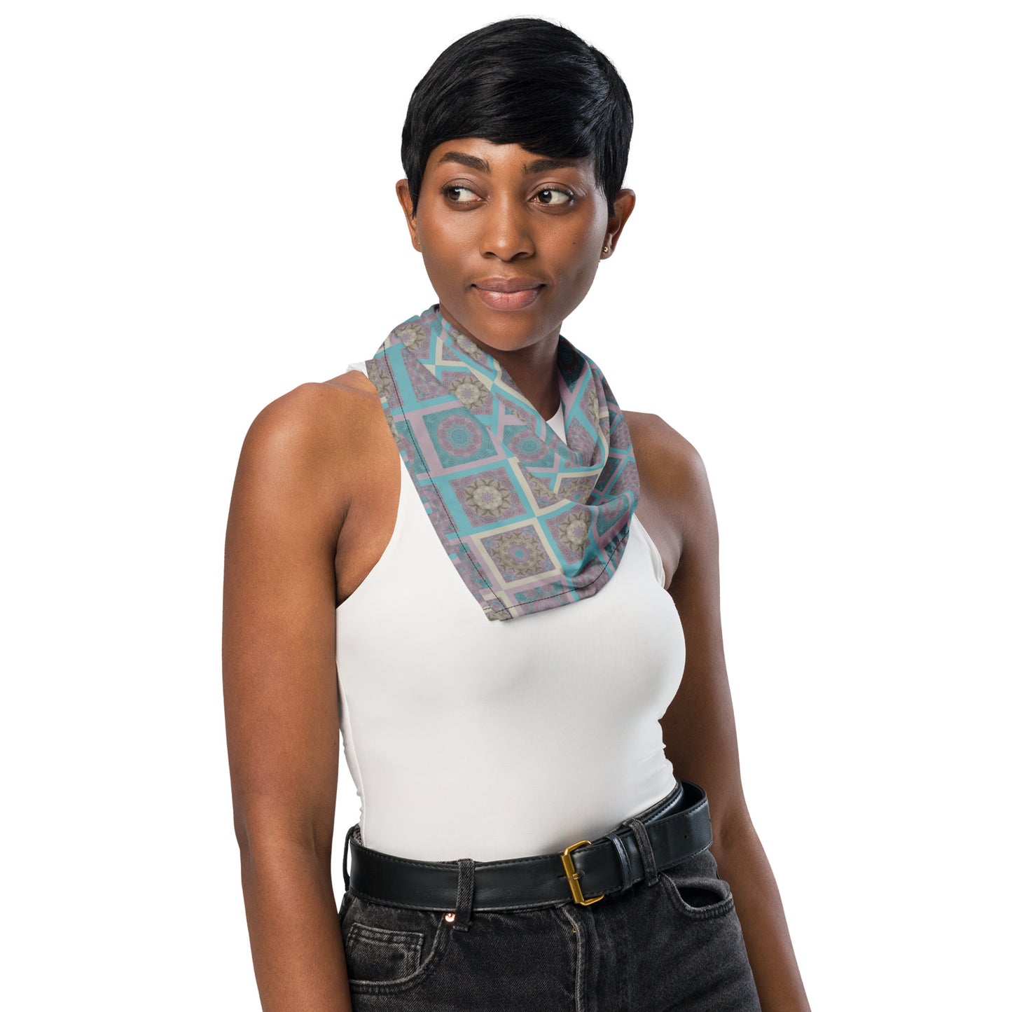 Boho all-over print bandana with kaleidoscopic mandala pattern — styled as necktie