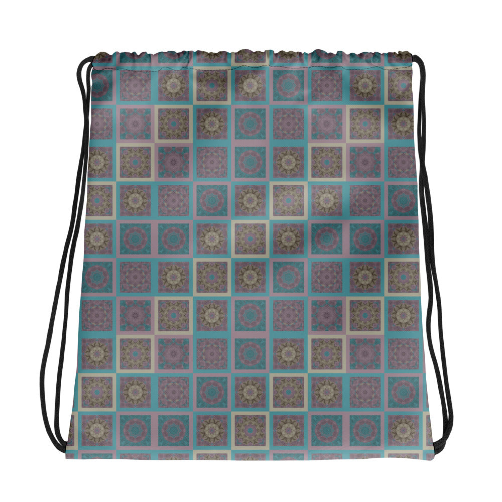 All-over print drawstring bag with turquoise and mauve mandala tile pattern — front view