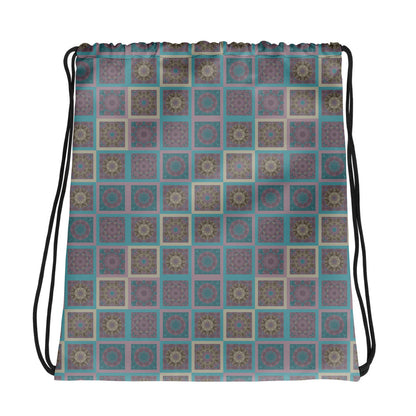 All-over print drawstring bag with turquoise and mauve mandala tile pattern — front view