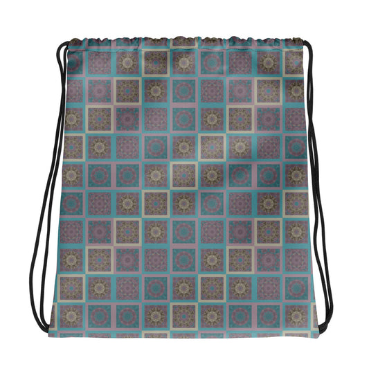 All-over print drawstring bag with turquoise and mauve mandala tile pattern — front view