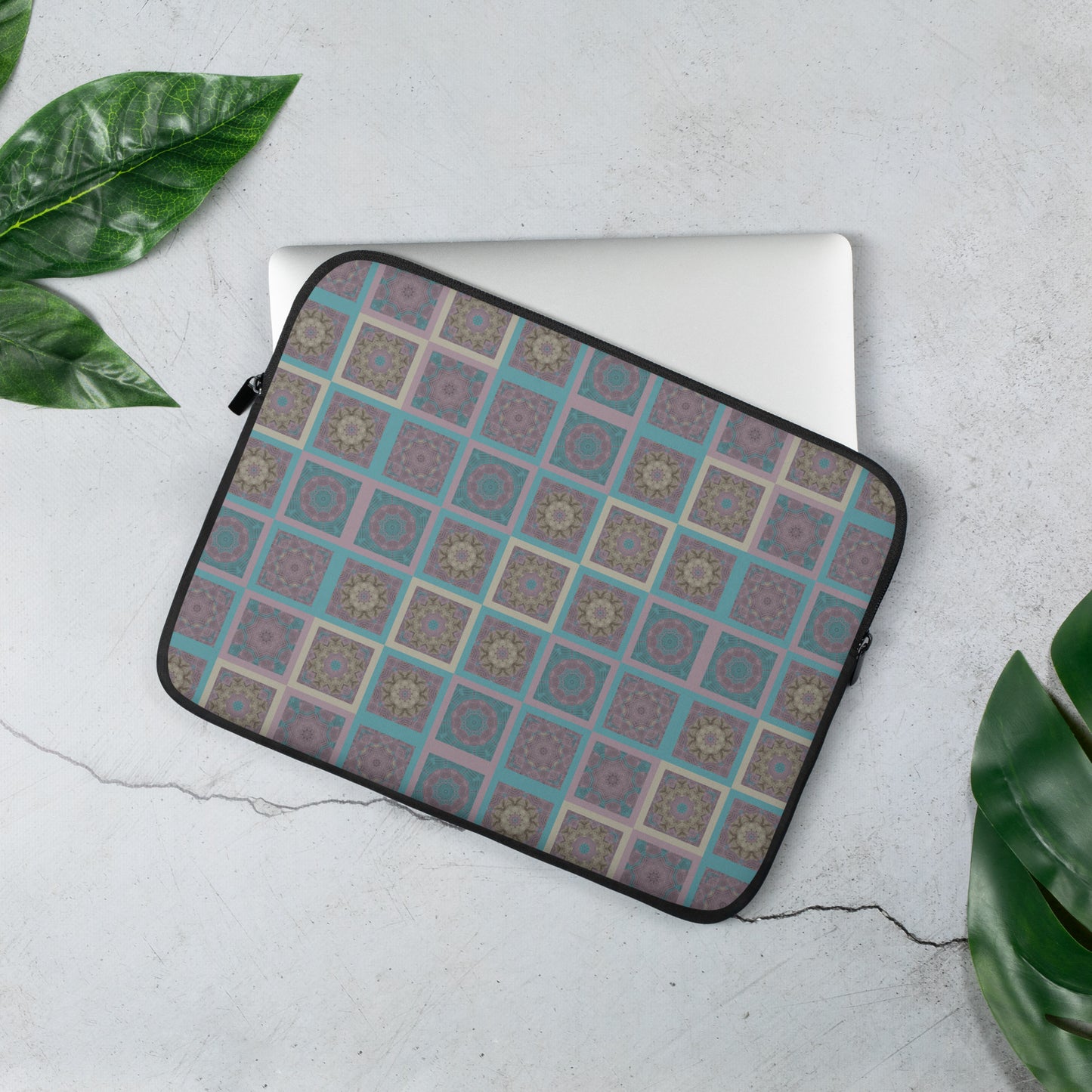 Neoprene laptop sleeve with turquoise and mauve mandala tile all-over print — front view