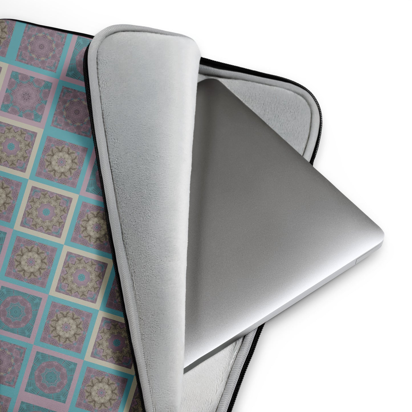 Mandala tiles laptop sleeve open showing faux fur lining — sacred geometry print in turquoise and mauve
