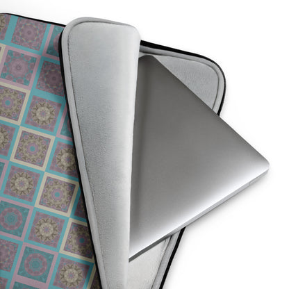 Mandala tiles laptop sleeve open showing faux fur lining — sacred geometry print in turquoise and mauve