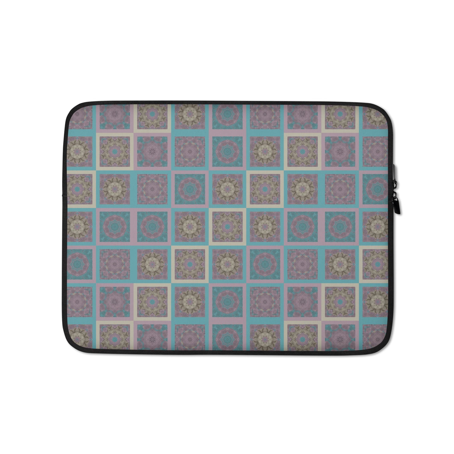 Boho mandala laptop sleeve on desk — kaleidoscopic geometric all-over print, 13 and 15 inch sizes