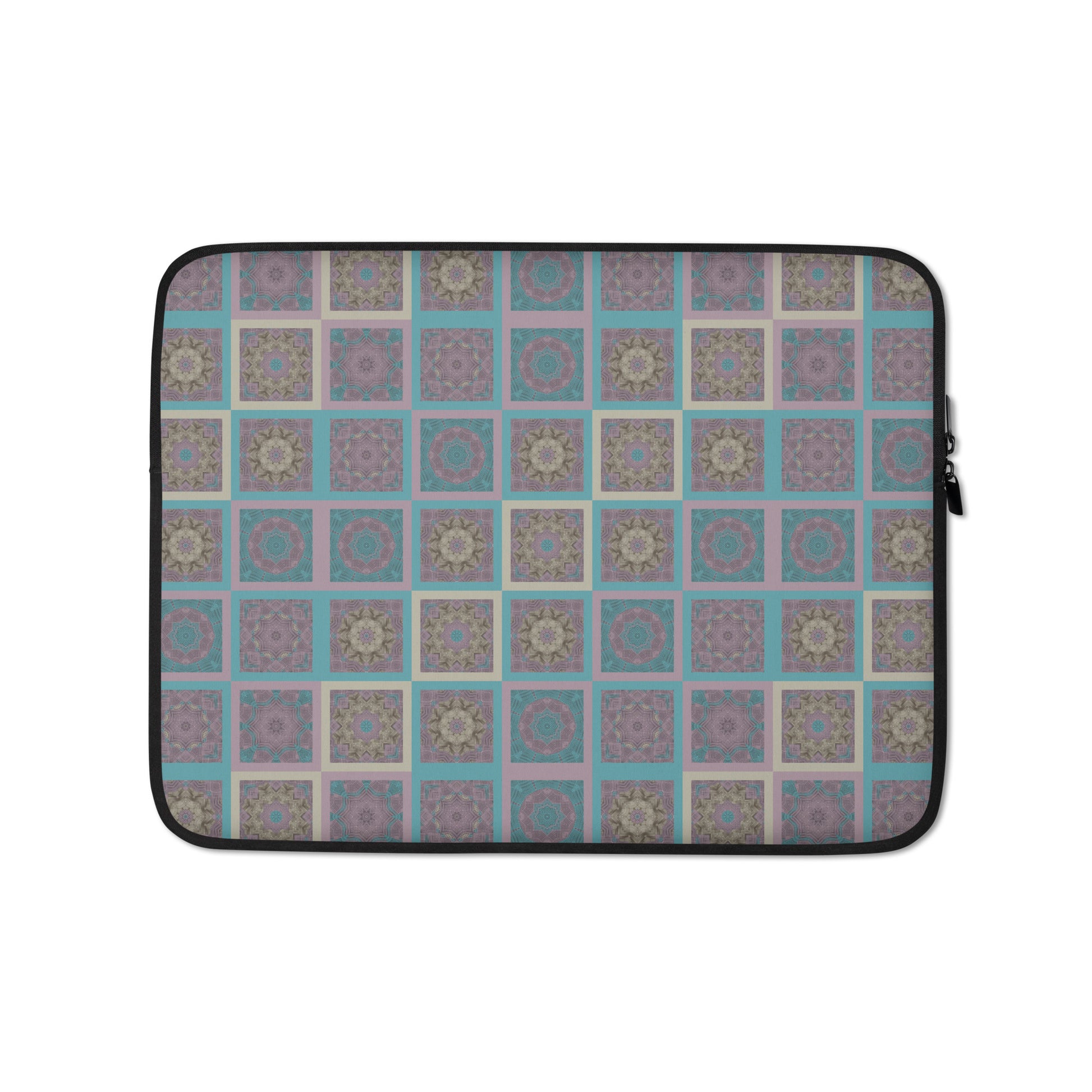 Boho mandala laptop sleeve on desk — kaleidoscopic geometric all-over print, 13 and 15 inch sizes