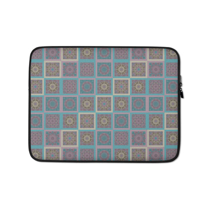 Boho mandala laptop sleeve on desk — kaleidoscopic geometric all-over print, 13 and 15 inch sizes