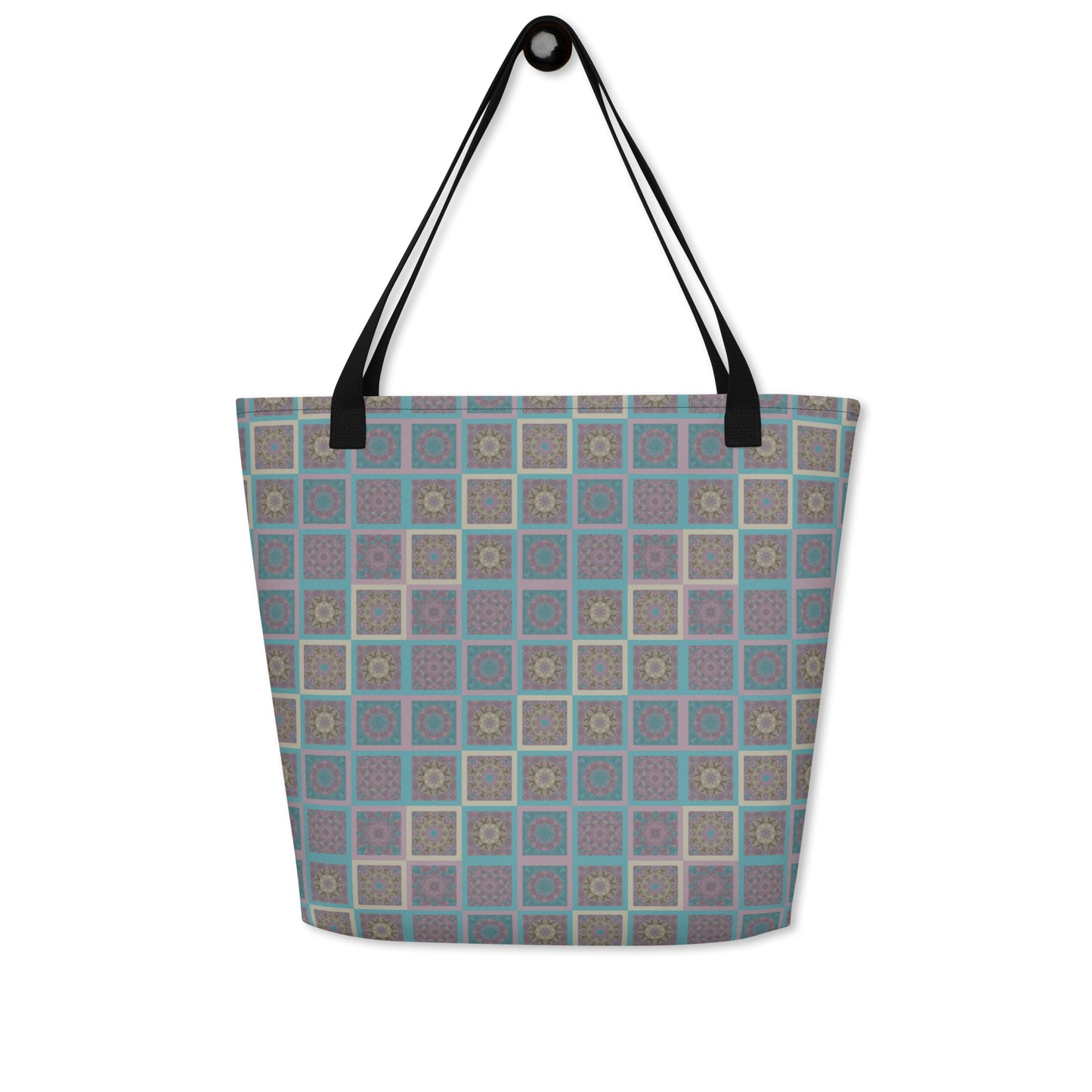 All-over print large tote bag with turquoise and mauve mandala tile pattern — front view