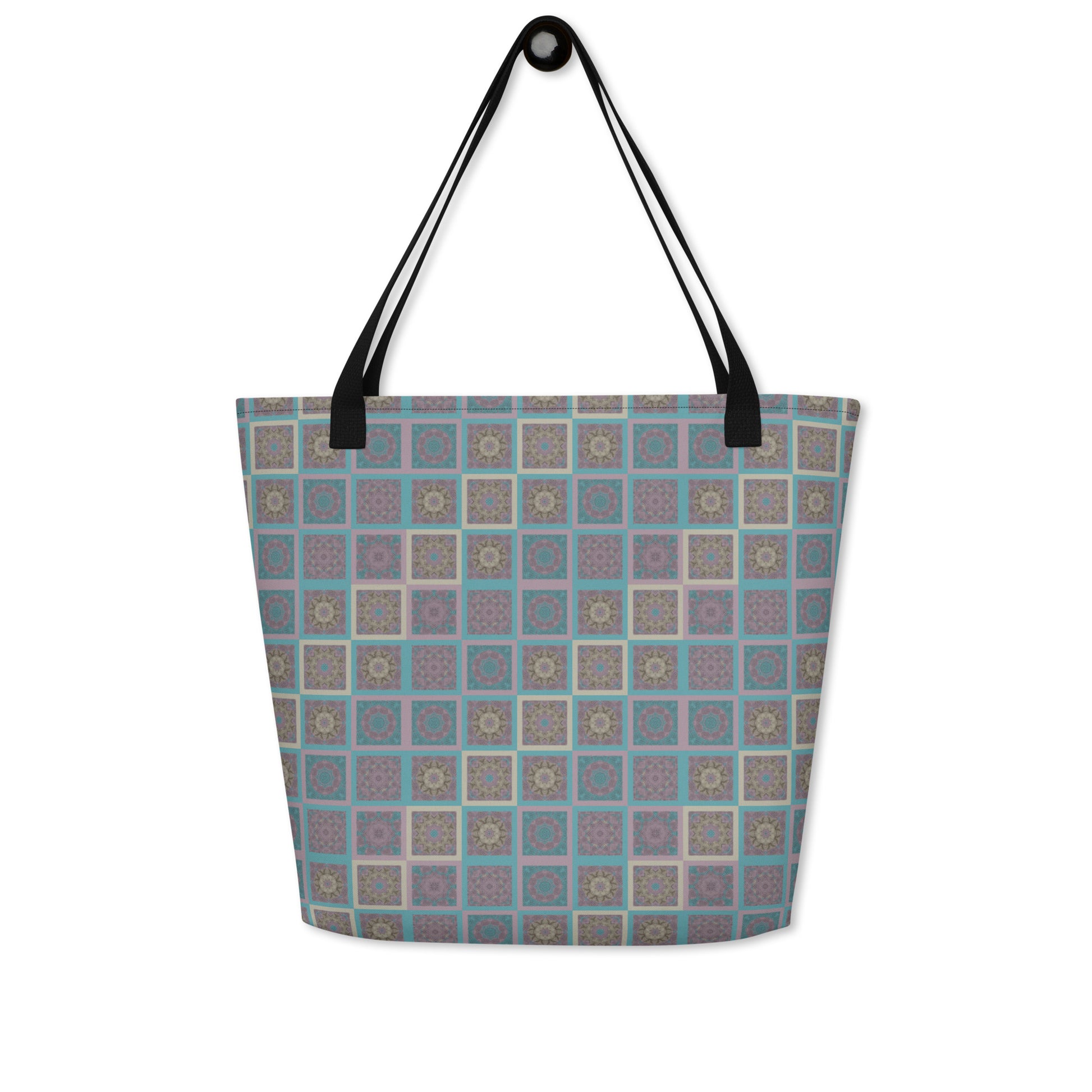 All-over print large tote bag with turquoise and mauve mandala tile pattern — front view