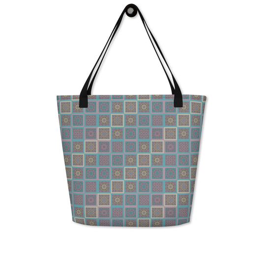 All-over print large tote bag with turquoise and mauve mandala tile pattern — front view