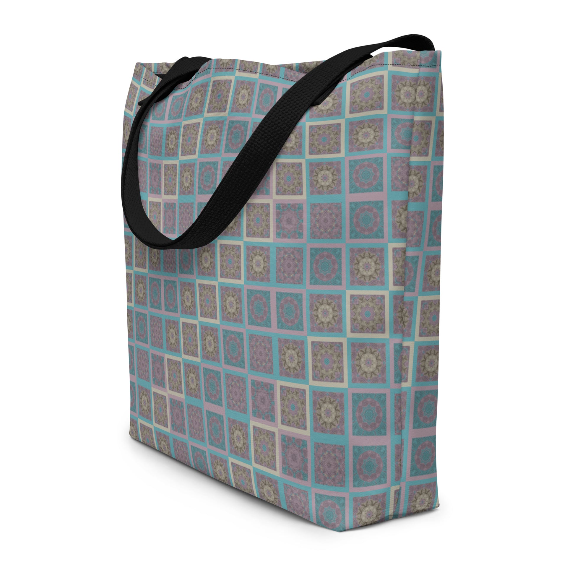 Large all-over print tote bag with boho mandala pattern — detail of geometric tile design