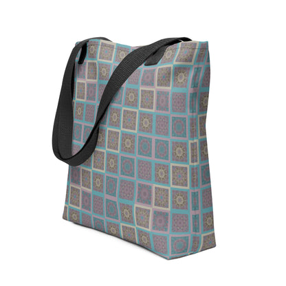 Mandala tiles tote bag carried over shoulder — boho sacred geometry print in turquoise and mauve