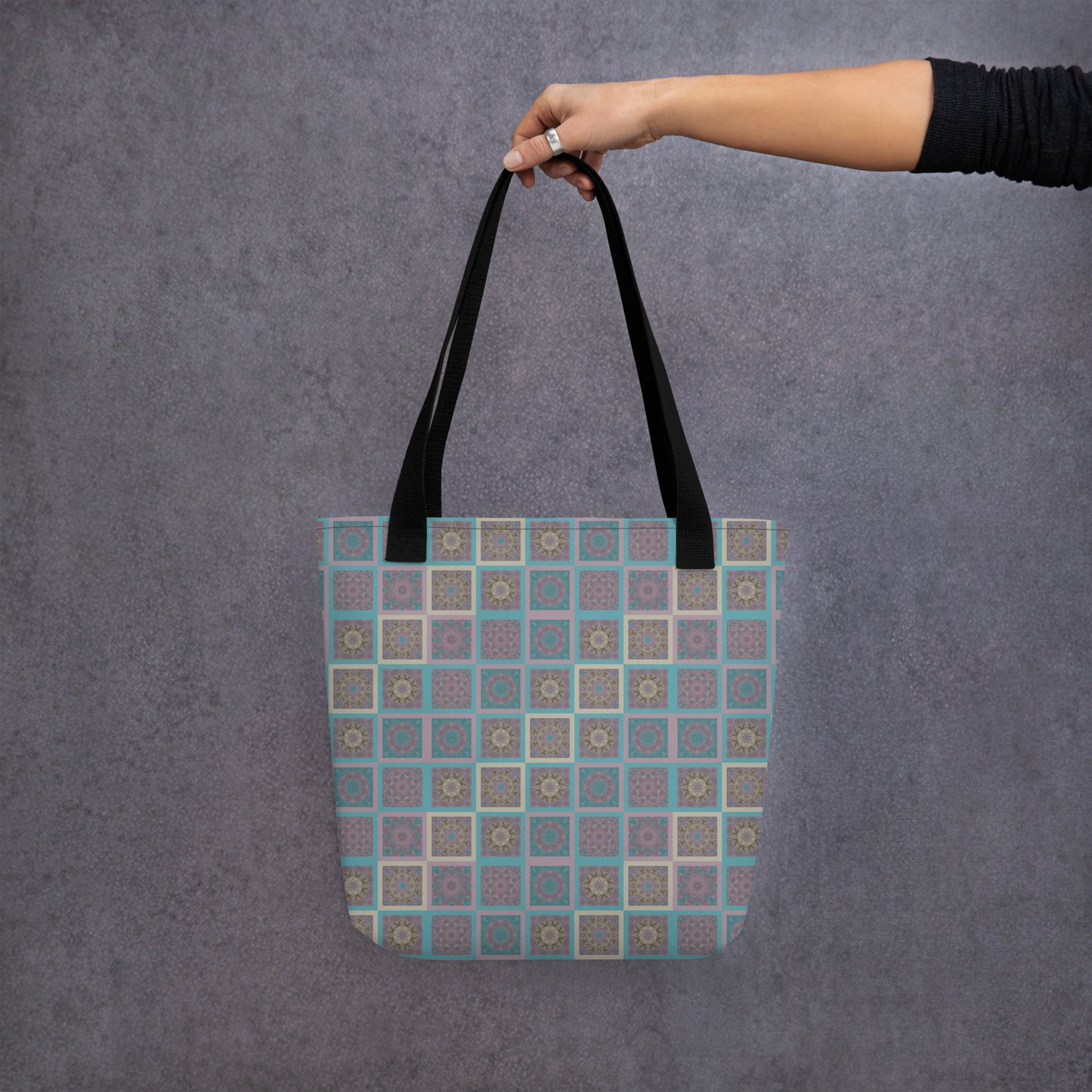 All-over print tote bag with turquoise and mauve mandala tile pattern — front view with cotton handles