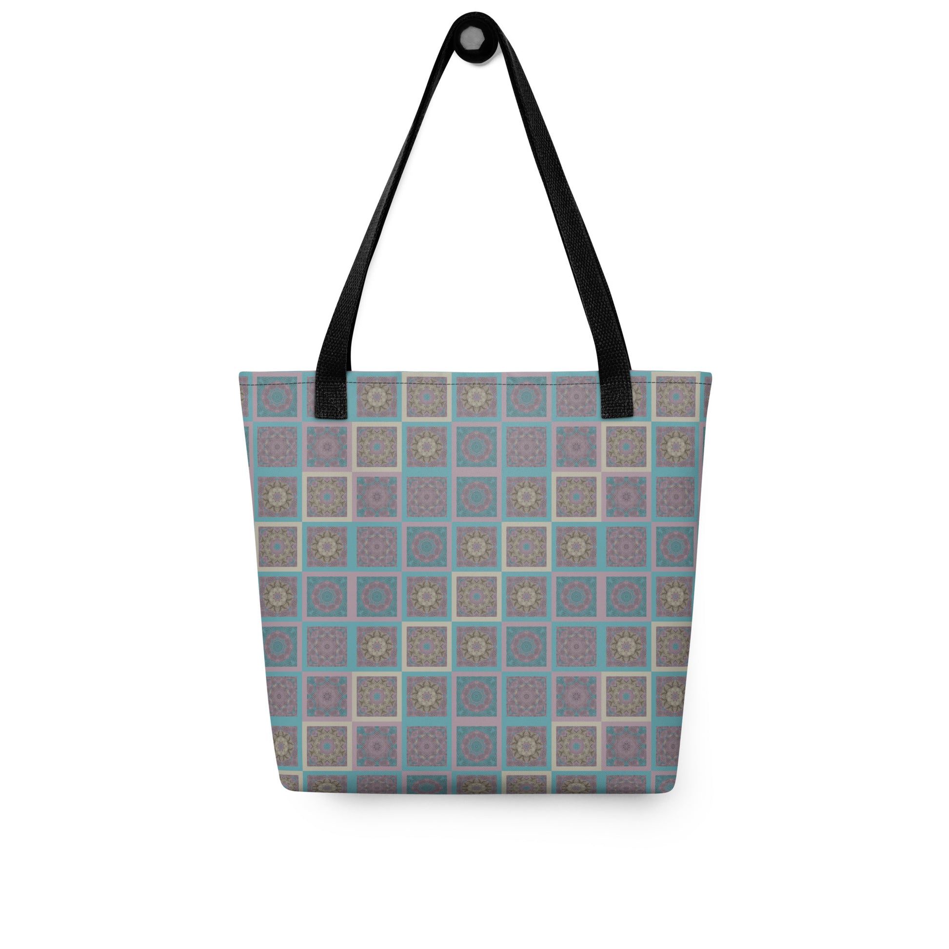 Geometric mandala tote bag flat lay — full all-over print detail, 15 x 15 inch polyester bag
