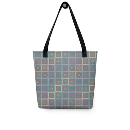 Geometric mandala tote bag flat lay — full all-over print detail, 15 x 15 inch polyester bag
