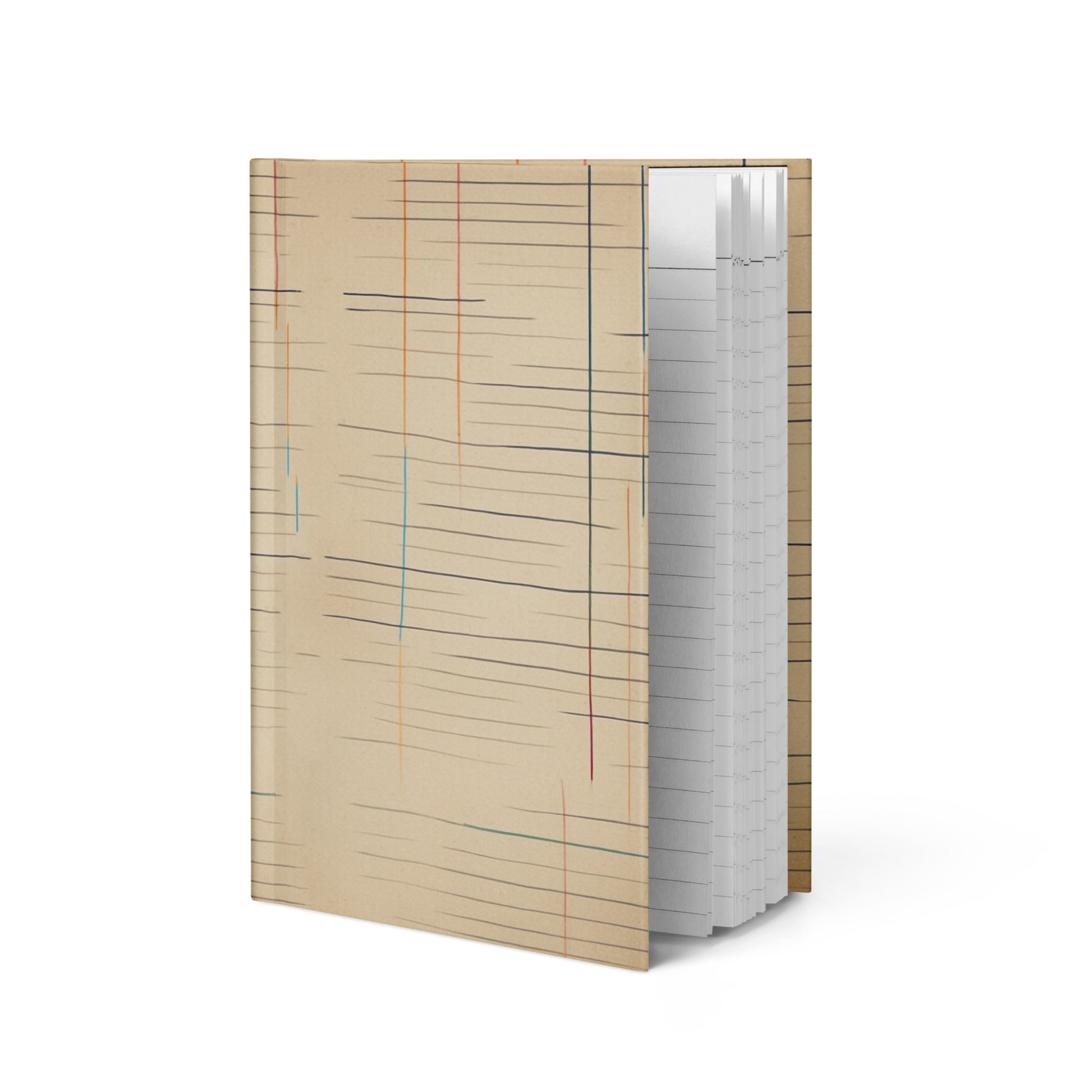 Matte hardcover journal open at an angle, featuring a warm aged-paper design with faded horizontal lines and vertical color accents in red, blue, and orange — Old Lines, New Story by MWL.