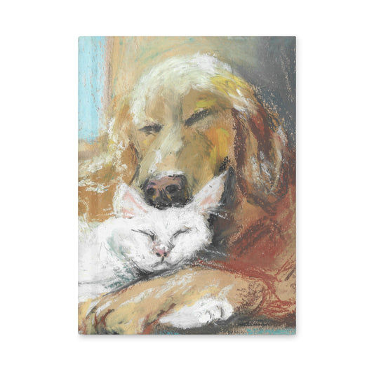 Hardcover matte journal featuring a soft pastel drawing of a golden retriever and white cat napping together — by artist Lena Kloper