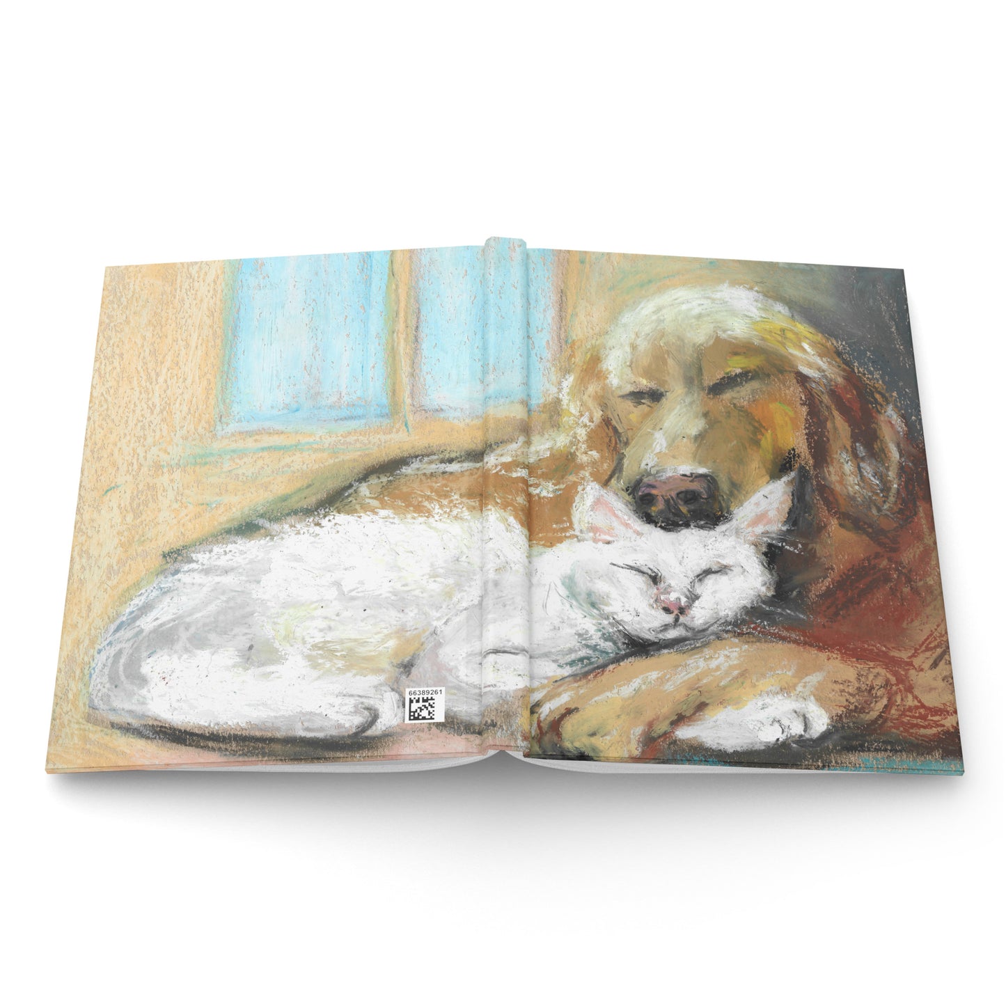 Peaceful Companions journal lying open — 150 lined perforated pages, pastel pet art cover by Lena Kloper