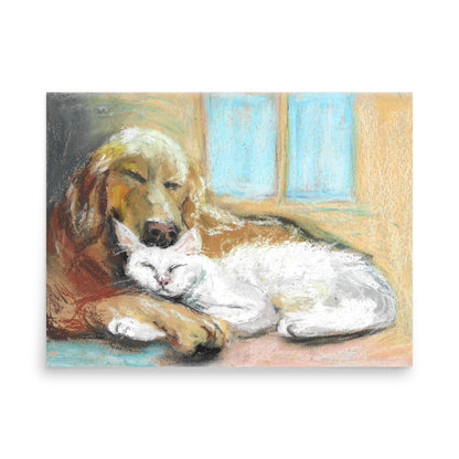 Art poster print of a soft pastel golden retriever and white cat napping together — original artwork by Lena Kloper, printed on Japanese matte paper
