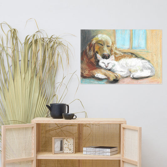 Peaceful Companions pastel art poster displayed on a living room wall — warm tones, dog and cat illustration by Lena Kloper