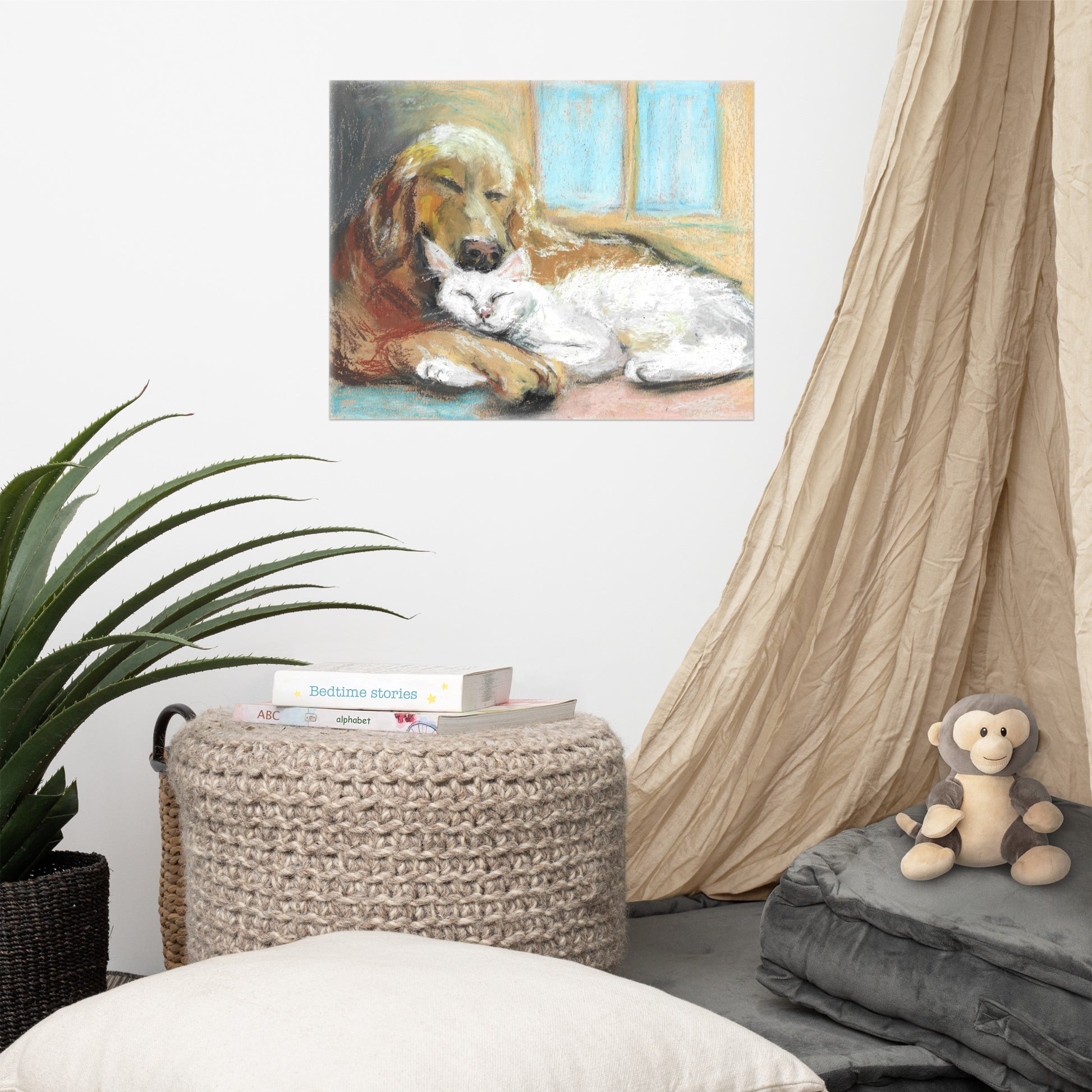 Close-up of matte poster print showing pastel texture and color detail — golden retriever and white cat artwork, museum-quality paper