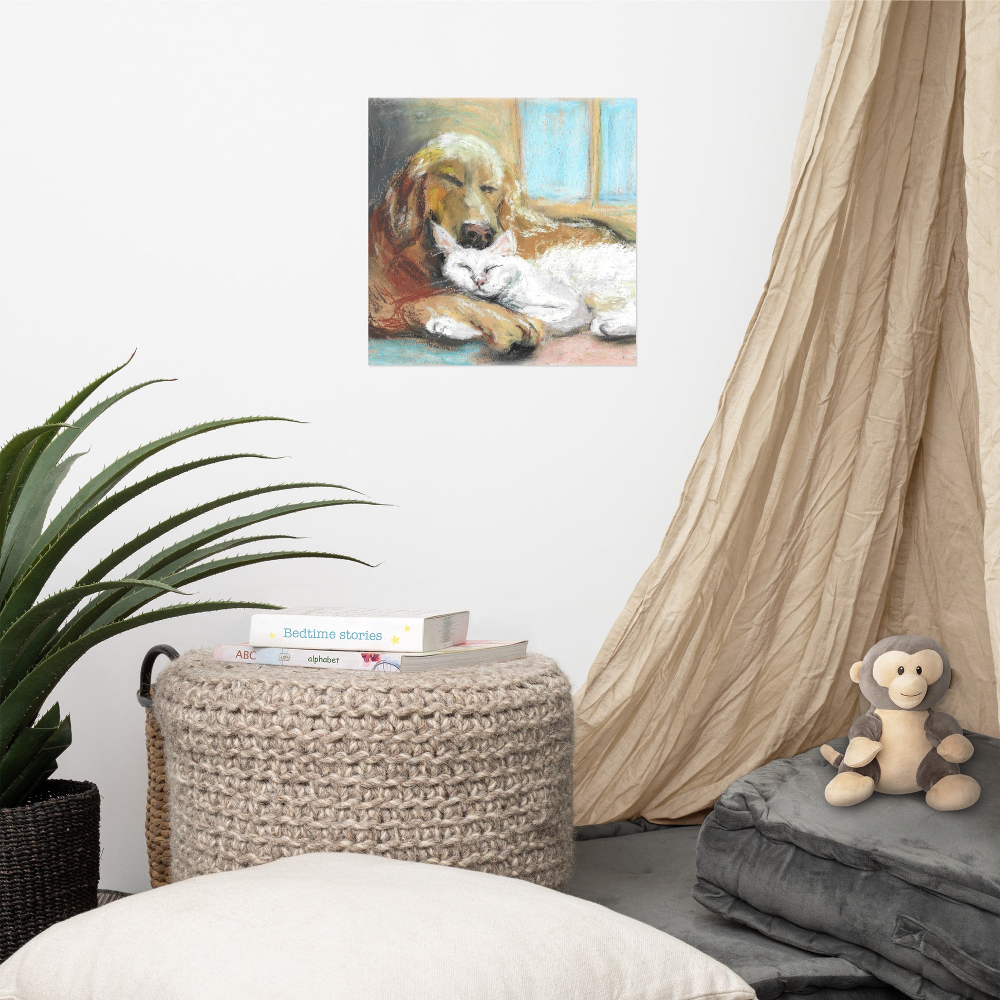 Close-up of matte poster print showing pastel texture and color detail — golden retriever and white cat artwork, museum-quality paper