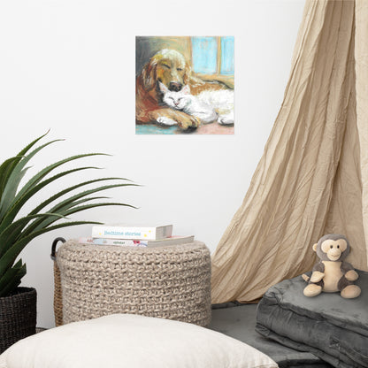 Close-up of matte poster print showing pastel texture and color detail — golden retriever and white cat artwork, museum-quality paper