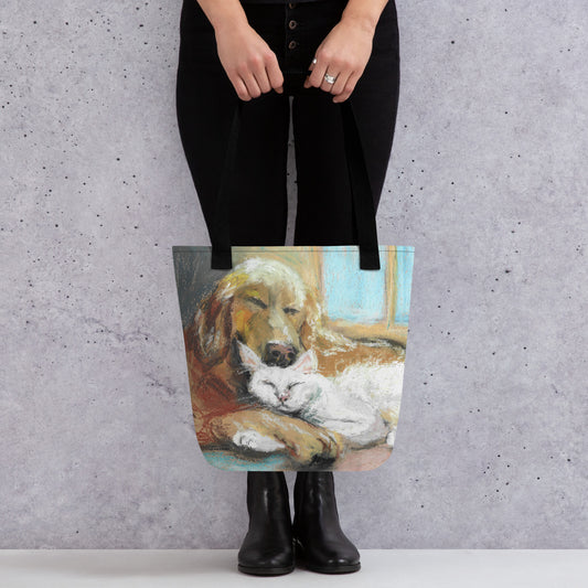 Tote bag with soft pastel golden retriever and white cat illustration by Lena Kloper — 100% polyester body with cotton denim handles