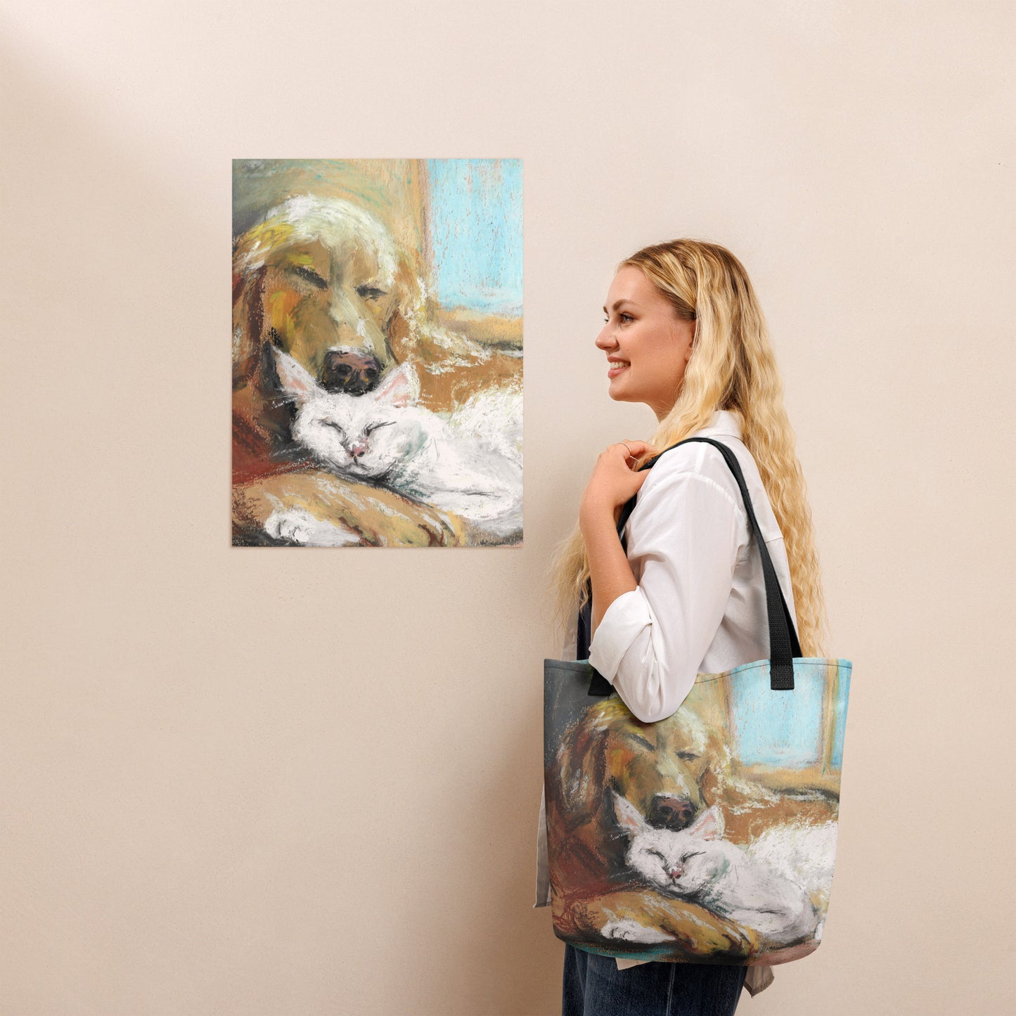 Close-up of Peaceful Companions tote bag print — soft pastel dog and cat artwork by Lena Kloper, warm tones on matte polyester