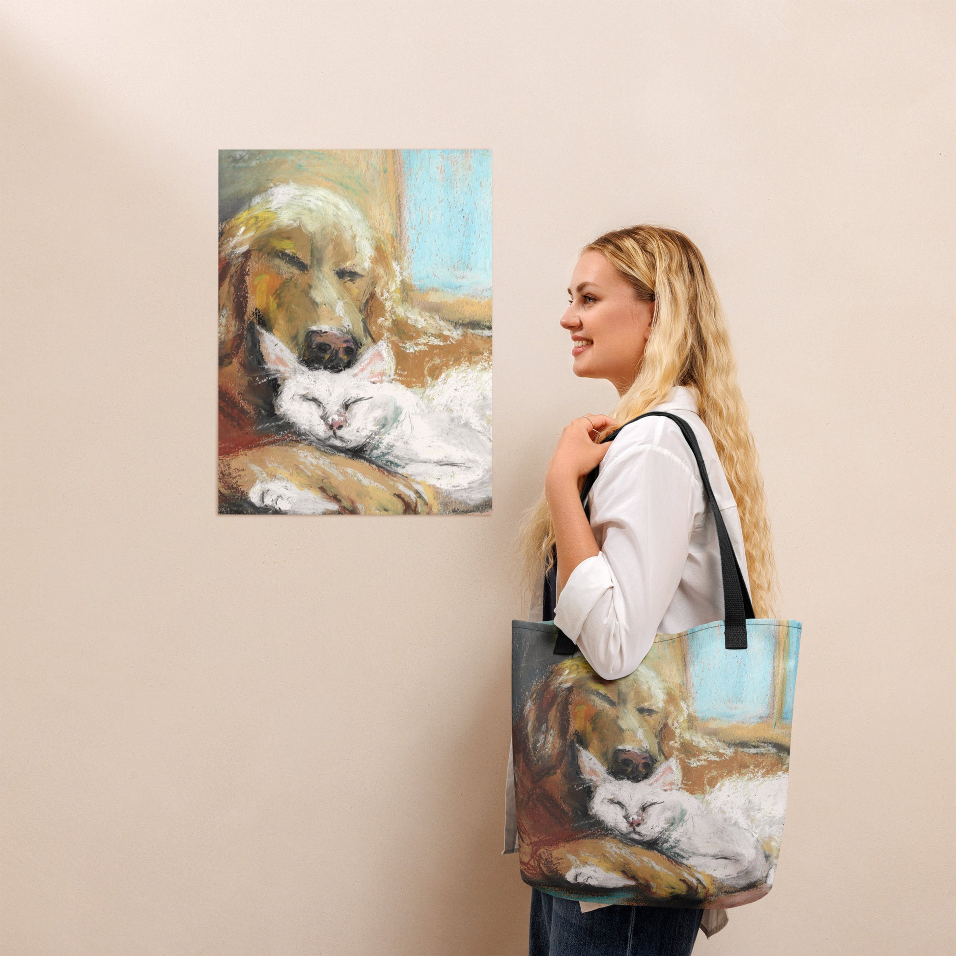 Close-up of Peaceful Companions tote bag print — soft pastel dog and cat artwork by Lena Kloper, warm tones on matte polyester
