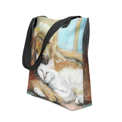 Peaceful Companions tote bag being carried — full pastel pet art print, spacious and sturdy, natural cotton handles