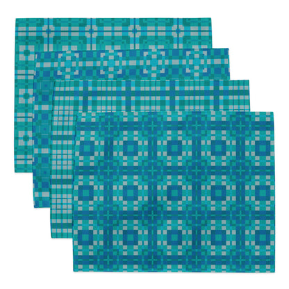 Four Pixel Azulejo placemats laid out flat displaying full Portuguese-inspired turquoise tile
