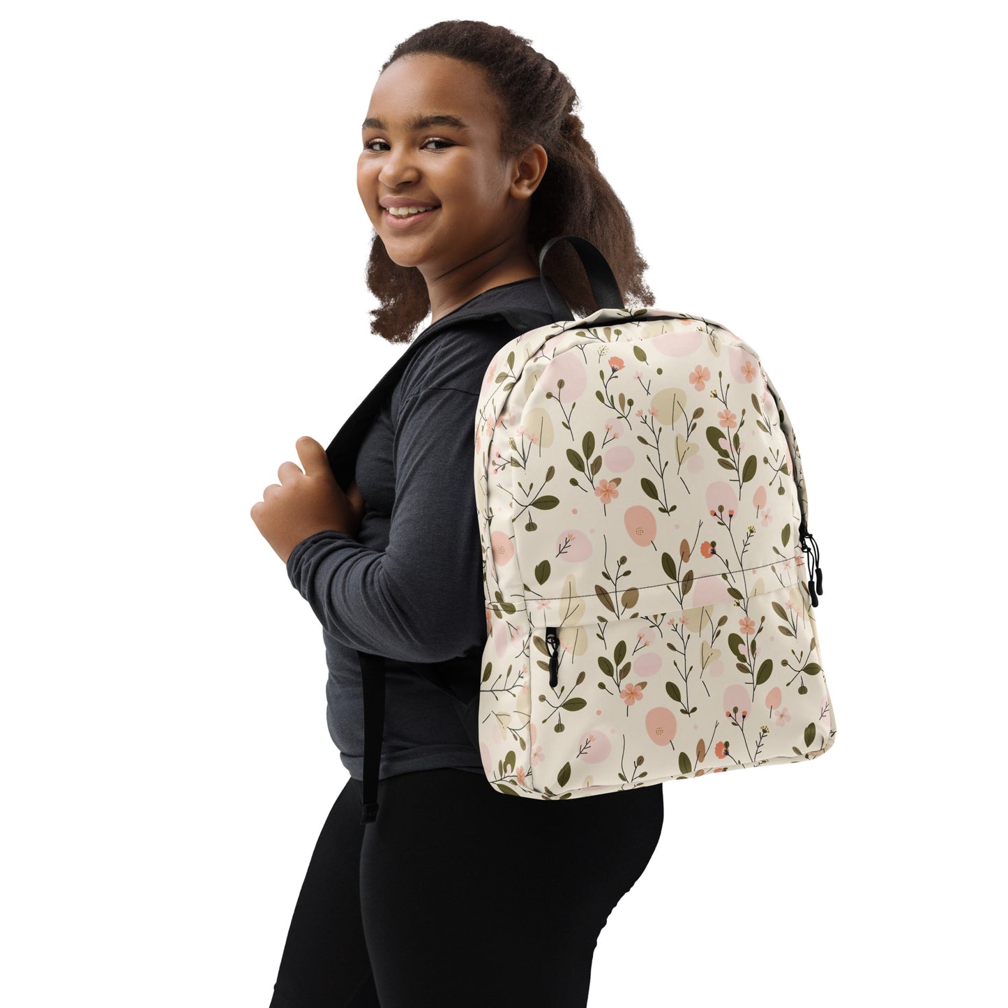 Backpack with Soft Bloom all-over romantic botanical print in peach pink and olive green — MWL