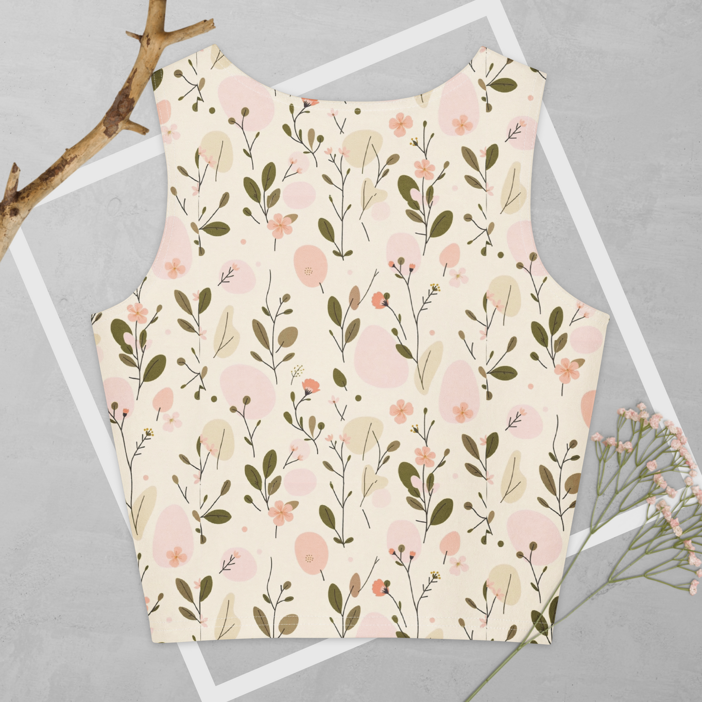 Cotton crop top with romantic Soft Bloom floral pattern in peach pink and olive green — MWL