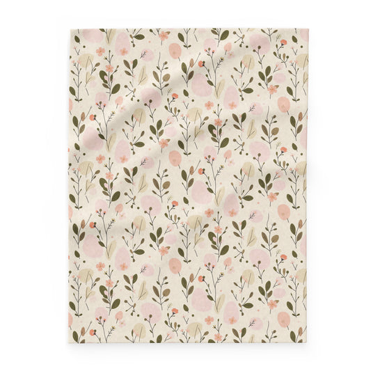 Fleece blanket with Soft Bloom all-over romantic floral print in peach and olive — MWL