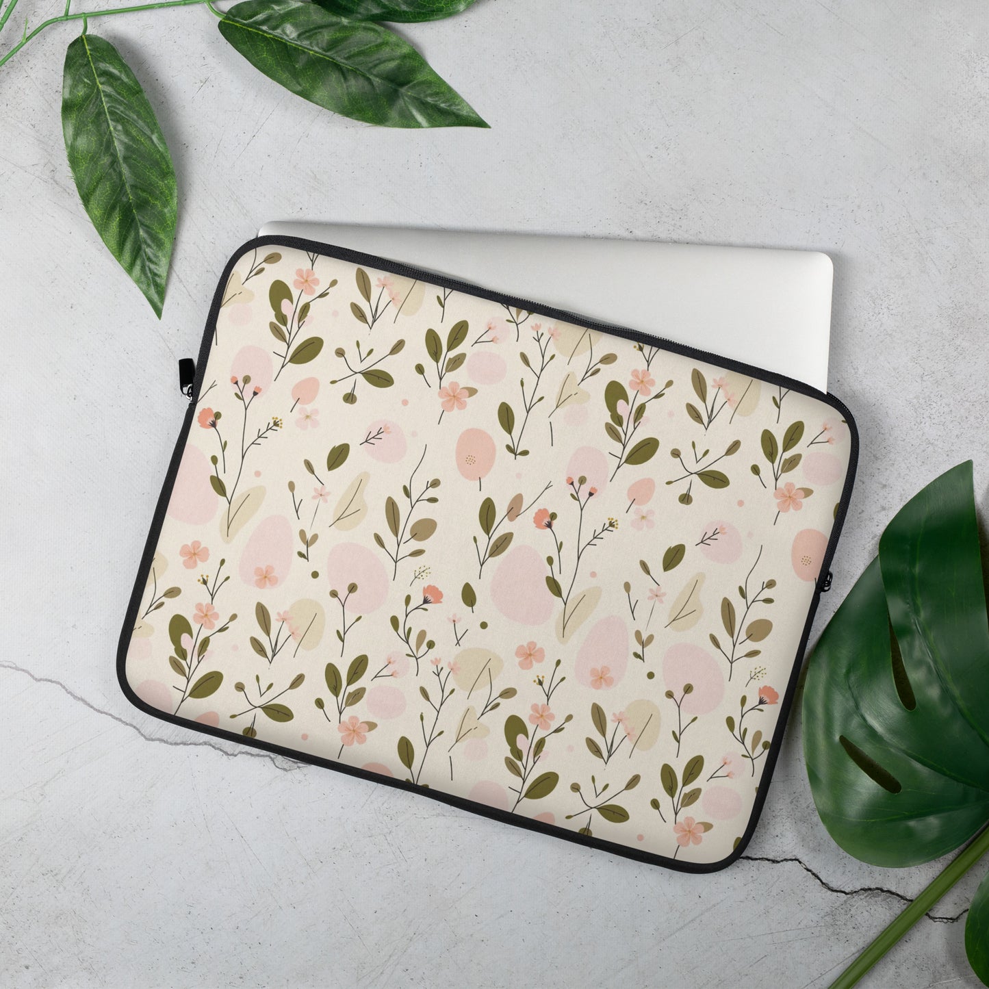 Laptop sleeve with Soft Bloom romantic botanical print in peach pink and olive green — MWL