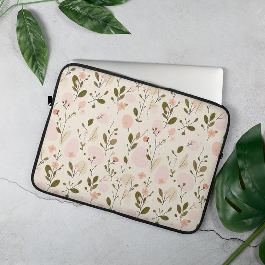 Laptop sleeve with Soft Bloom romantic botanical print in peach pink and olive green — MWL
