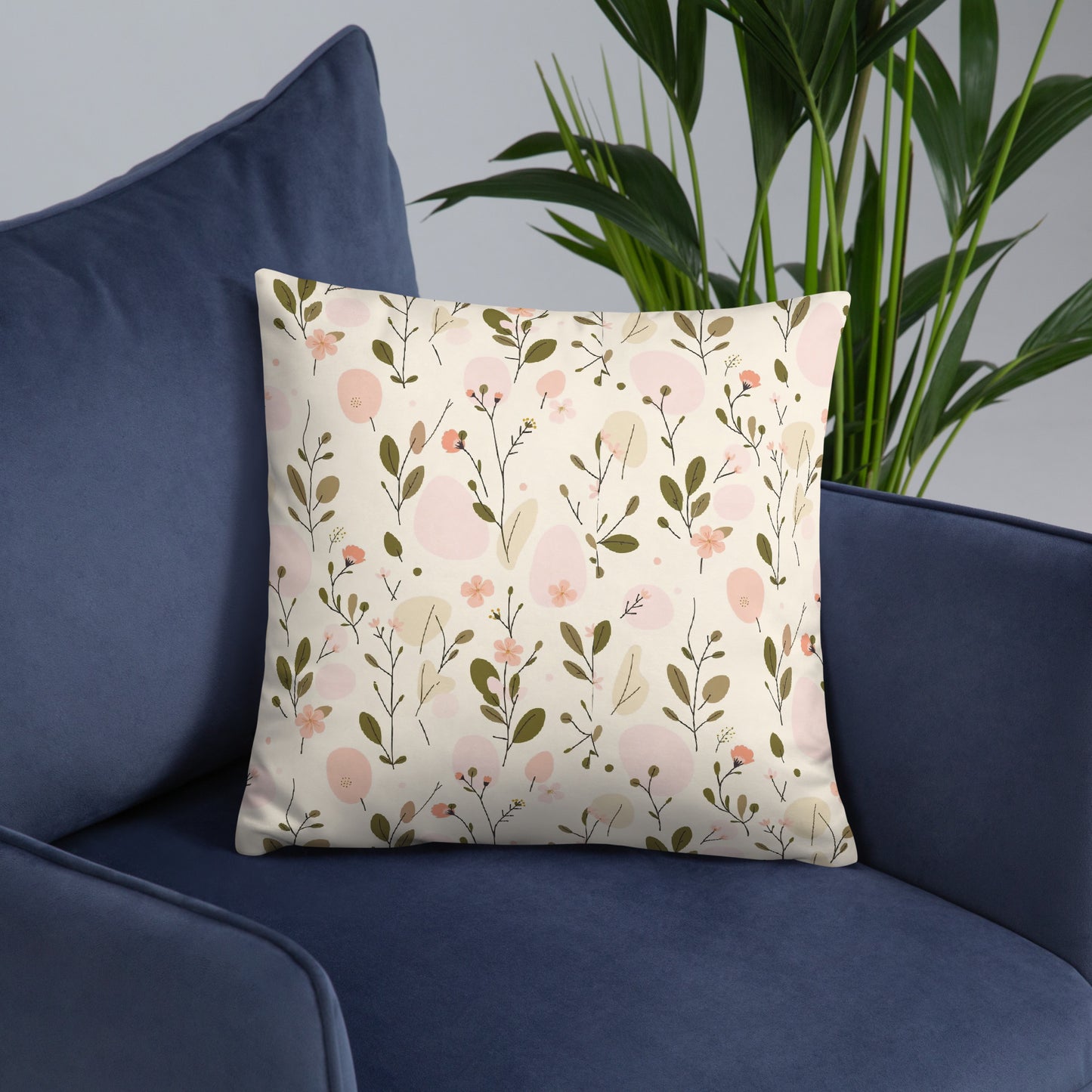 Decorative pillow with Soft Bloom romantic botanical print in peach pink and olive green — MWL
