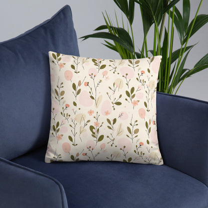 Decorative pillow with Soft Bloom romantic botanical print in peach pink and olive green — MWL