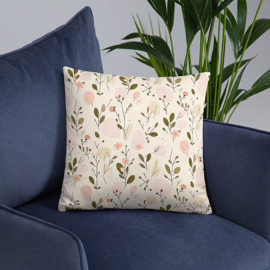 Decorative pillow with Soft Bloom romantic botanical print in peach pink and olive green — MWL